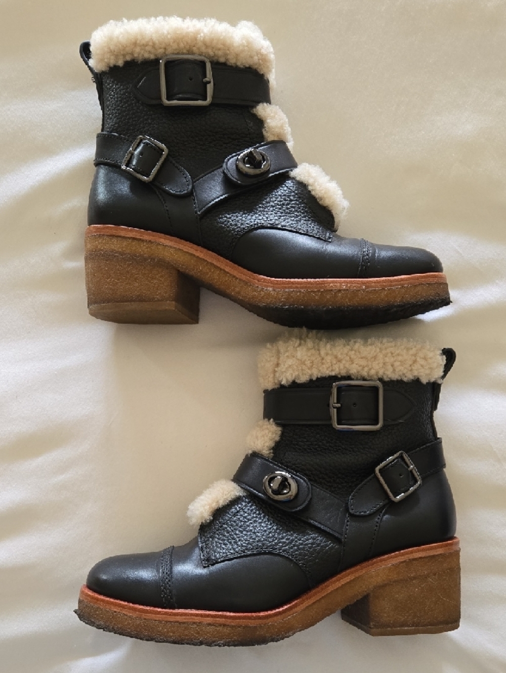 Coach Black Leather Ankle Boots with Cream Shearling Trim - Picture 3 of 6